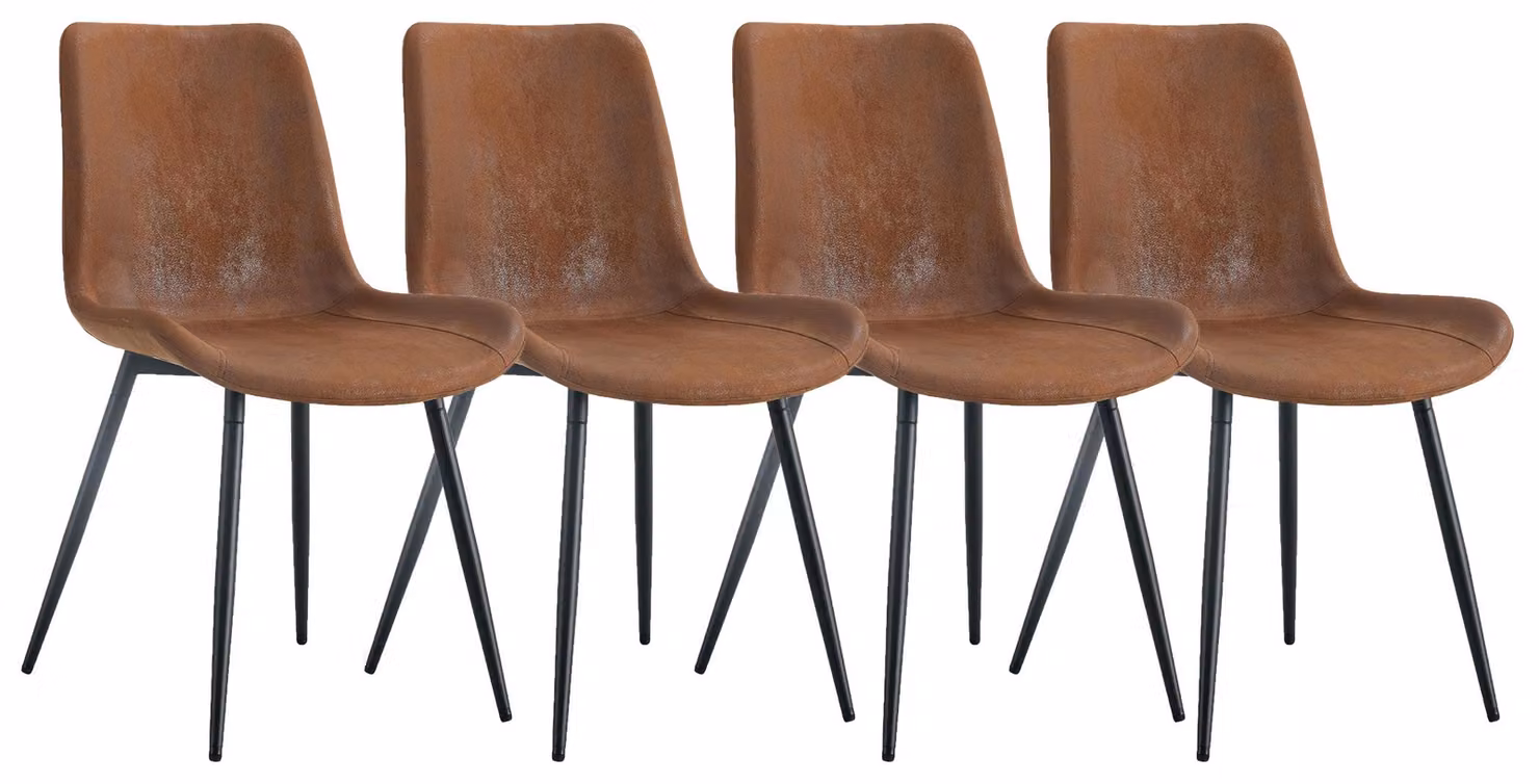 Set di 4 sedie da pranzo in tessuto tecnico, con schienale curvo e gambe in metallo, colore marrone