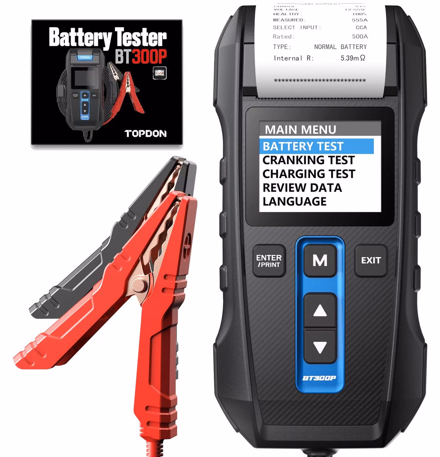 Tester per batterie per auto TOPDON BT300P, 12V/24V, con display a colori da 2,4" e stampante integrata