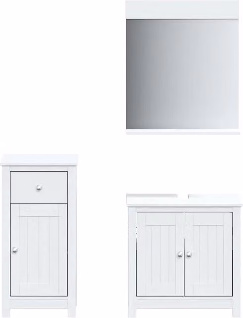 Set Mobili da Bagno BERG in Legno Massello di Pino Bianco, Composto da Mobile Lavabo, Pensile e Armadietto Laterale