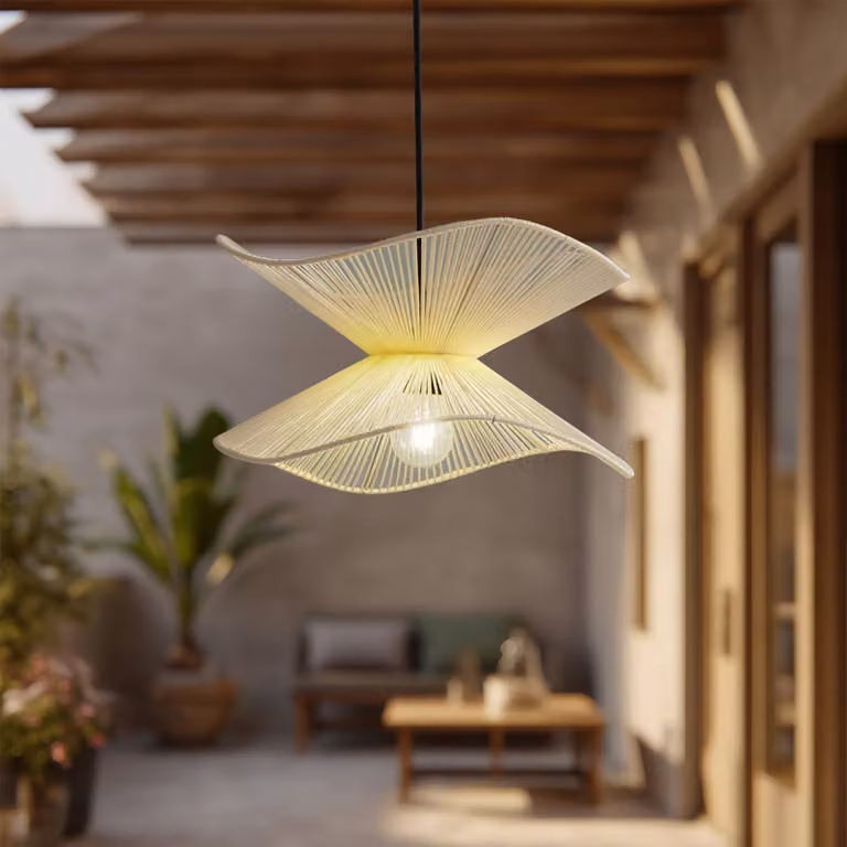 Lampada a sospensione da esterno Lindby Valdorin, beige, cotone, IP44 Valdorin Lindby, dimmerabile, Crema / Ambra, Tessuto / Stoffa / Seta, Moderno