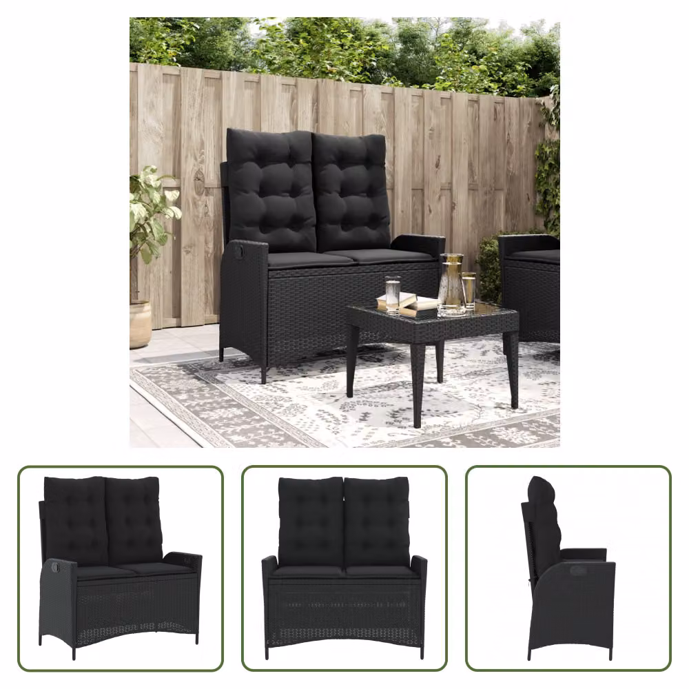 The Living Store Panca da giardino regolabile con cuscini in poly rattan nero
