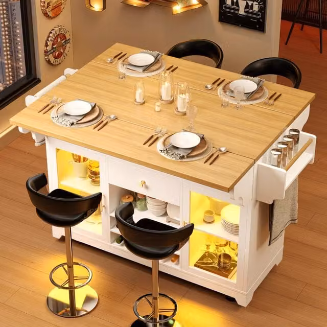 Carrello da cucina con LED RGB, piano apribile su entrambi i lati, MDF e metallo, 120 x 80 x 95 cm