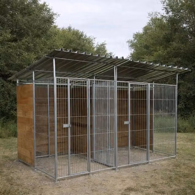 Set di 2 recinti per cani SIDERBOX con copertura e retro in legno e struttura in metallo zincato, Colore Nero e Marrone, L: 200 cm, P: 200 cm, H: 180 cm