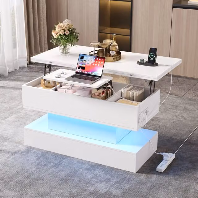 Tavolino basso alzabile con piano estensibile prese USB e Type-C in truciolare bianco 100 × 50 × 51.5 cm