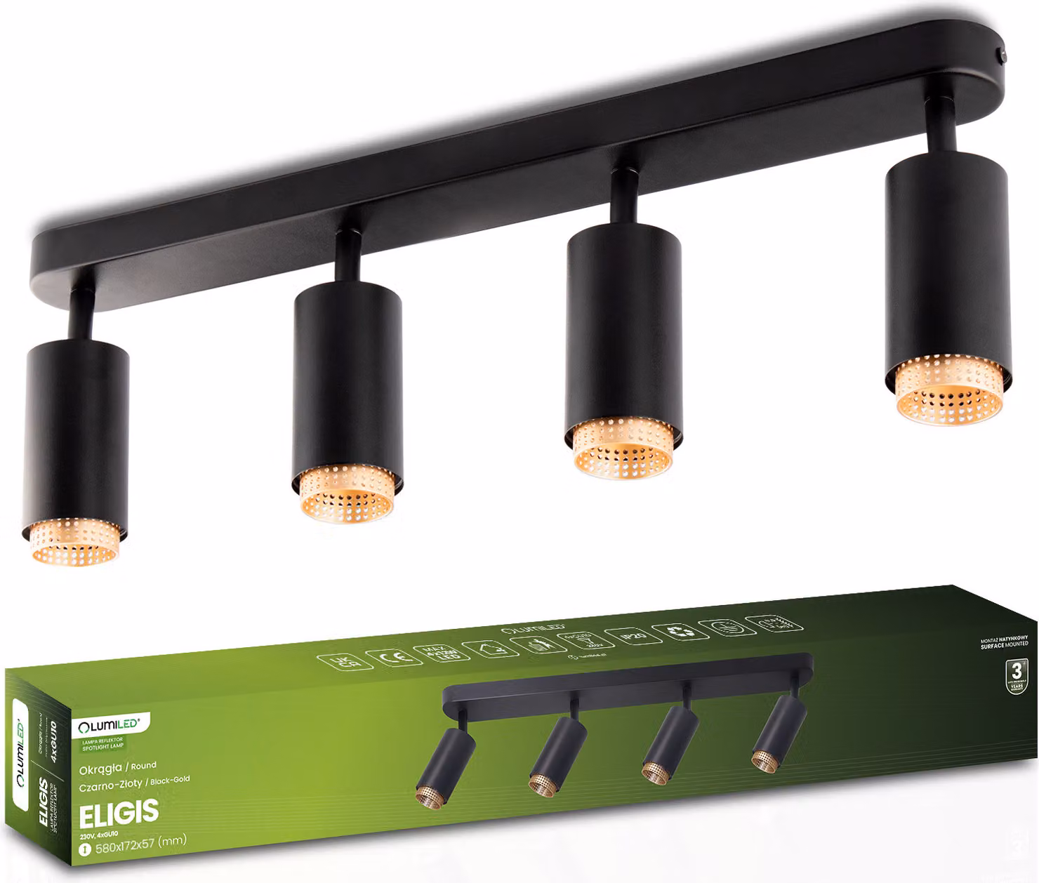 Faretto da soffitto LUMILED, plafoniera a 4 lampade, faretto orientabile a 360° e 90°, faretto per soffitto, 4x presa GU10 max.12 W 230V, downlight nero opaco con colore oro