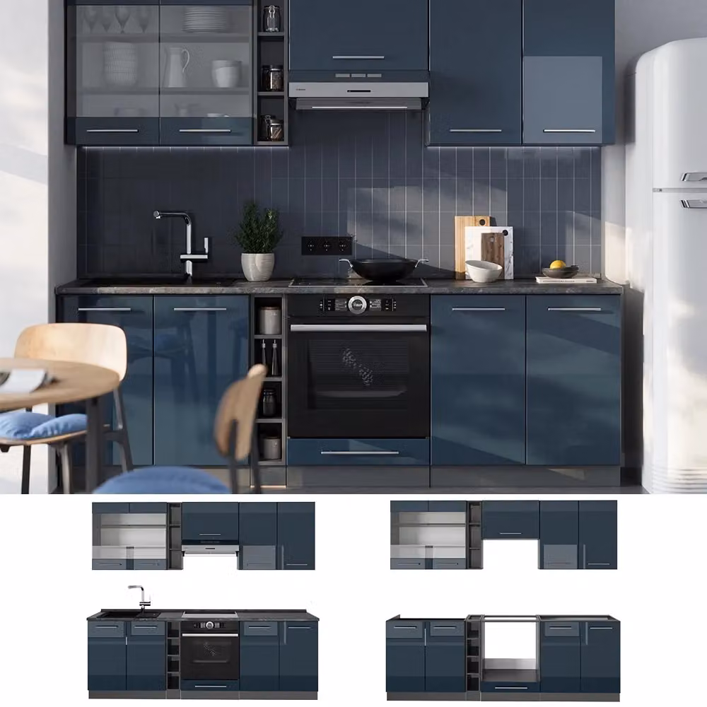 Cucina componibile Fame-Line Vicco Blu scuro lucido e Antracite con Rovere, L: 235 cm – 2