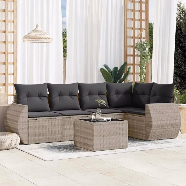 vidaXL Set Divano da Giardino a L con Cuscini Antracite e Tavolino in Vetro, 6 Pezzi