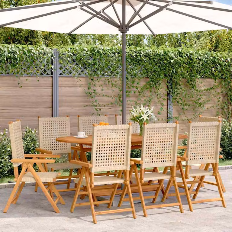 Set di 8 sedie da giardino reclinabili vidaXL in polyrattan beige e legno di acacia oliato con braccioli