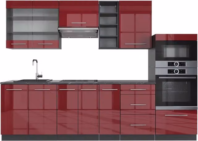 Cucina componibile moderna Vicco Fame-Line Bordeaux lucido e Antracite L: 280 cm – 1
