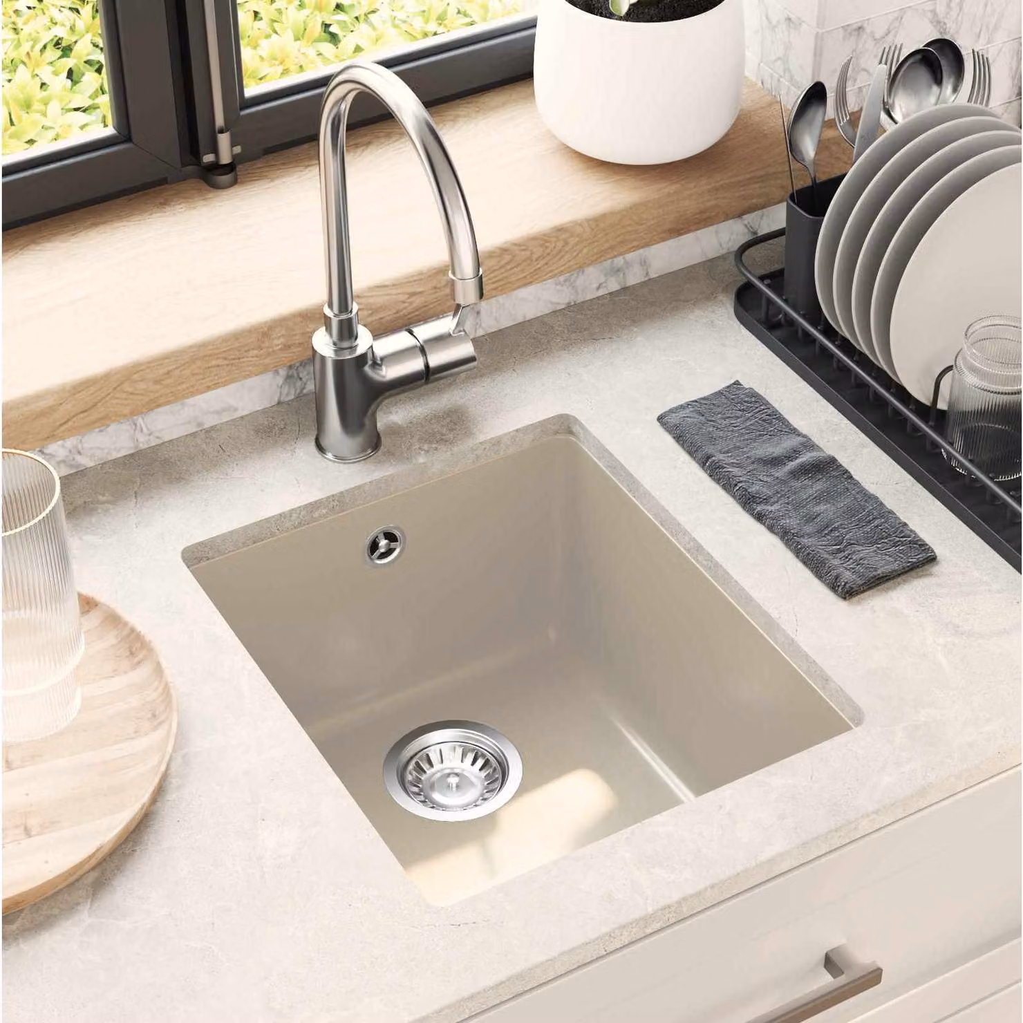 Lavello vidaXL in quarzo e resina beige L: 37 cm, P: 46 cm, H: 20 cm – 1