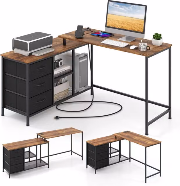 Scrivania per computer Design Mania in stile industrial, modello estensibile con struttura in metallo e piano in legno marrone e nero