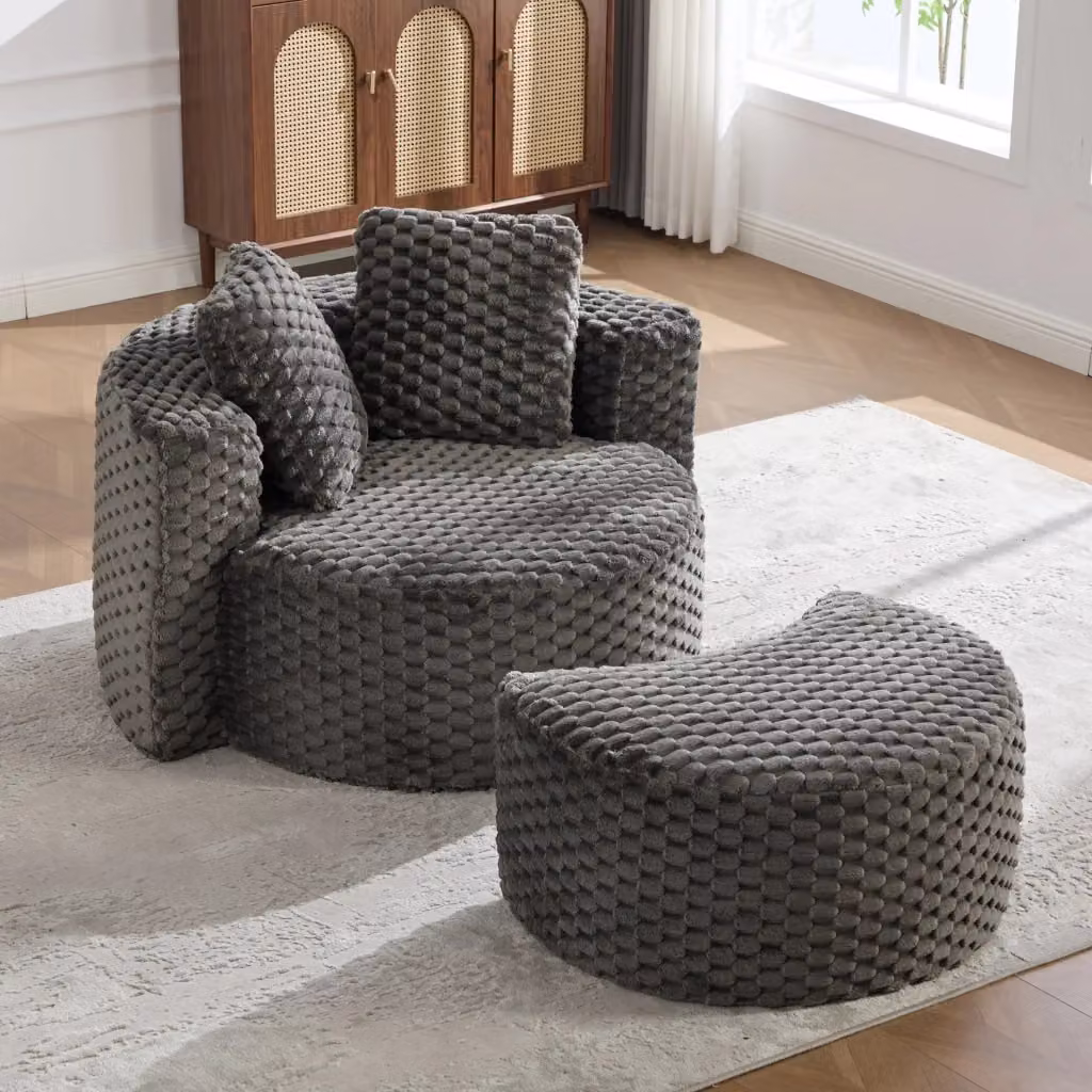 Poltrona girevole 360 con pouf WISHDOR in tessuto grigio, design moderno per relax in soggiorno o camera da letto, L: 130 cm, P: 115 cm, H: 103 cm – 2