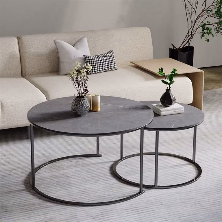 Set di 2 tavolini WISFOR, tavolino da salotto effetto marmo, tavolino rotondo con struttura in metallo, Ø 60/80 cm