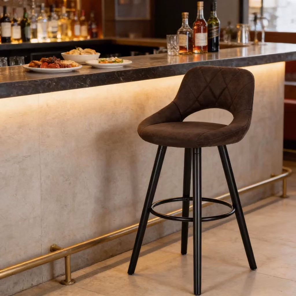 Sgabello da bar OKWISH con schienale ergonomico in tessuto e legno massiccio marrone scuro – 2