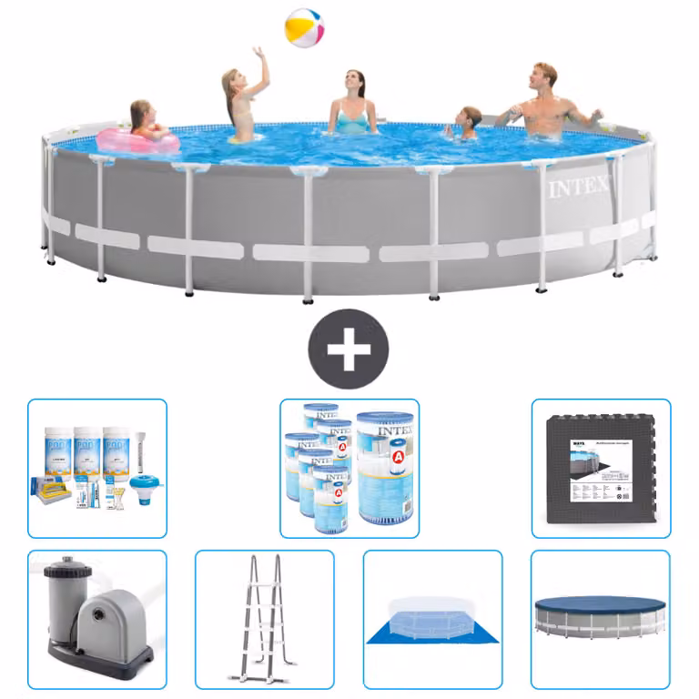 Piscina Intex Round Prism Frame - 548 x 122 cm - grigio - inclusa pompa - scaletta - telo di fondo - pacchetto di manutenzione della copertura - filtro - pavimento in piastrelle