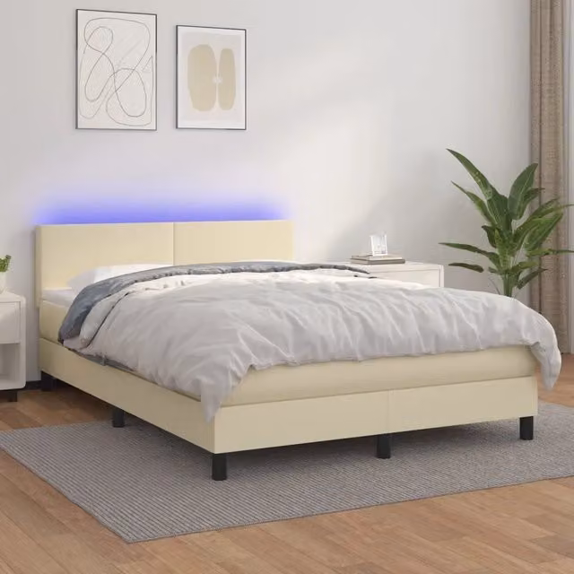 Letto a Molle Ibrido vidaXL con Materasso, Illuminazione LED Sotto il Letto e Porta USB, Colore Beige e Bianco, L/P: 140 x 190 cm