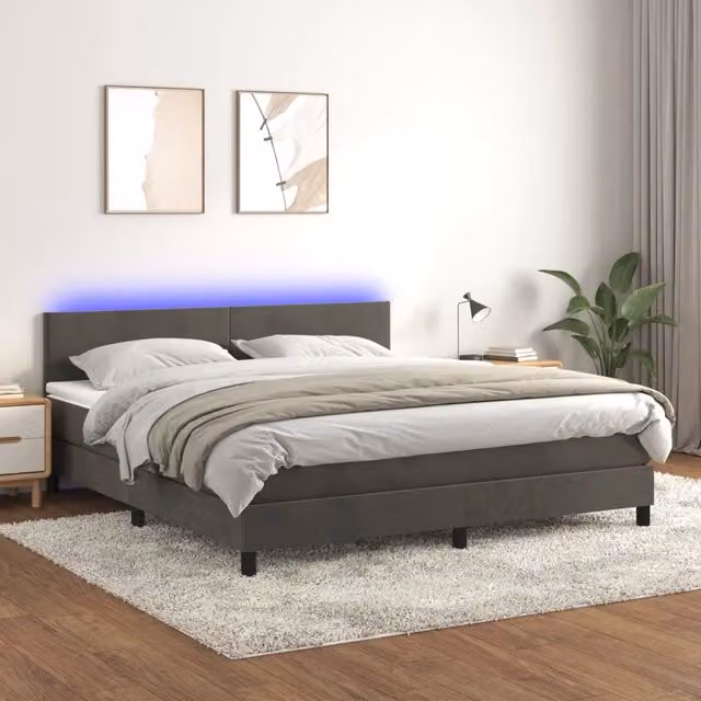 Letto matrimoniale moderno vidaXL con materasso ibrido, illuminazione LED sottostante e porta USB, rivestimento in tessuto grigio e bianco, L: 160 cm, P: 200 cm, H: 78 cm