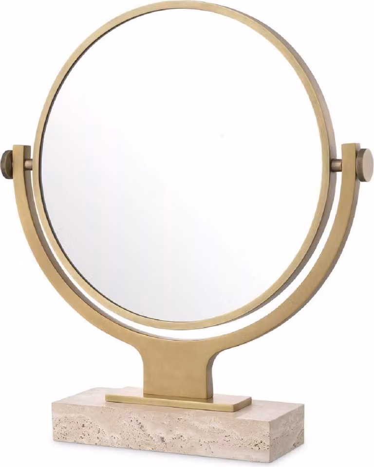 Casa Padrino specchio da tavolo cosmetico ottone antico / beige 50,5 x 12 x h. 56 cm - Specchio da bagno rotondo regolabile per il trucco con base in travertino - Accessori bagno