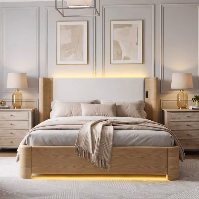 Letto matrimoniale Mivray con base contenitore a sollevamento, rivestimento in pelle e velluto a coste beige e illuminazione LED sottostante, L/P: 180 x 200 cm