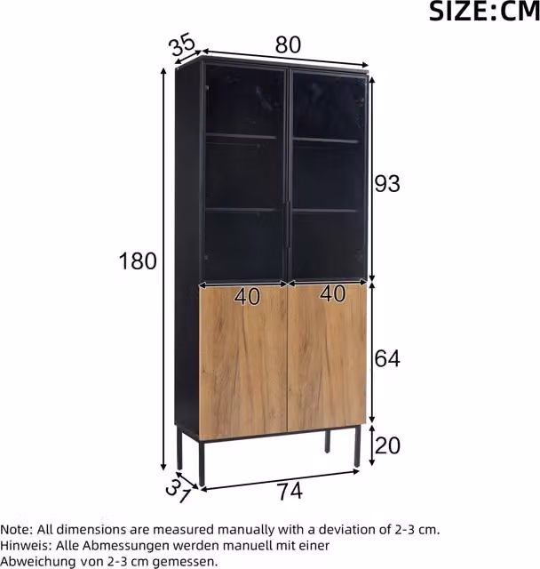 Vetrina REDOM con ante in vetro e illuminazione integrata, Nero/Quercia, L: 74 cm, P: 31 cm, H: 180 cm