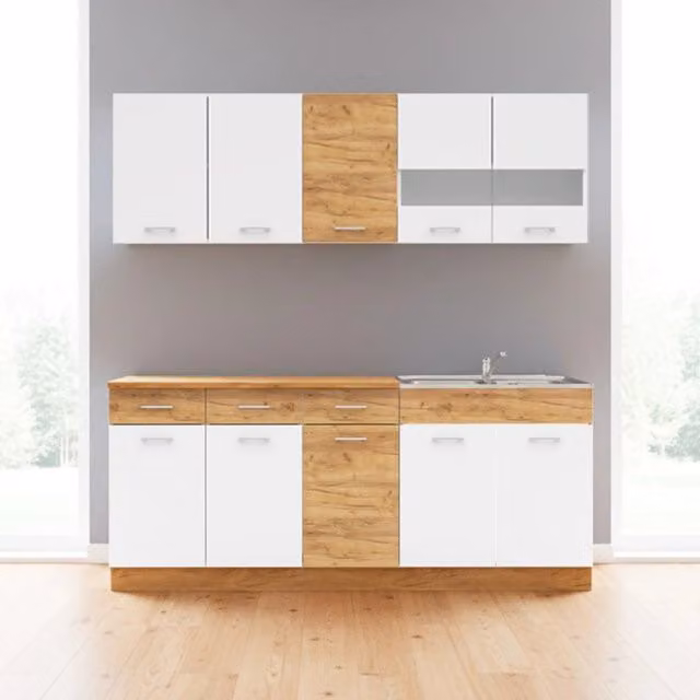 Cucina monoblocco 200 cm Erika bianco e rovere con lavello e pensili
