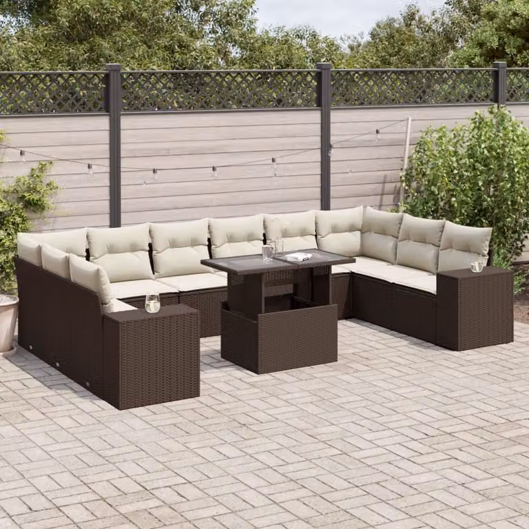 vidaXL Set Divani da Giardino a L 11 pz in Polyrattan Marrone e Bianco con Cuscini e Tavolino