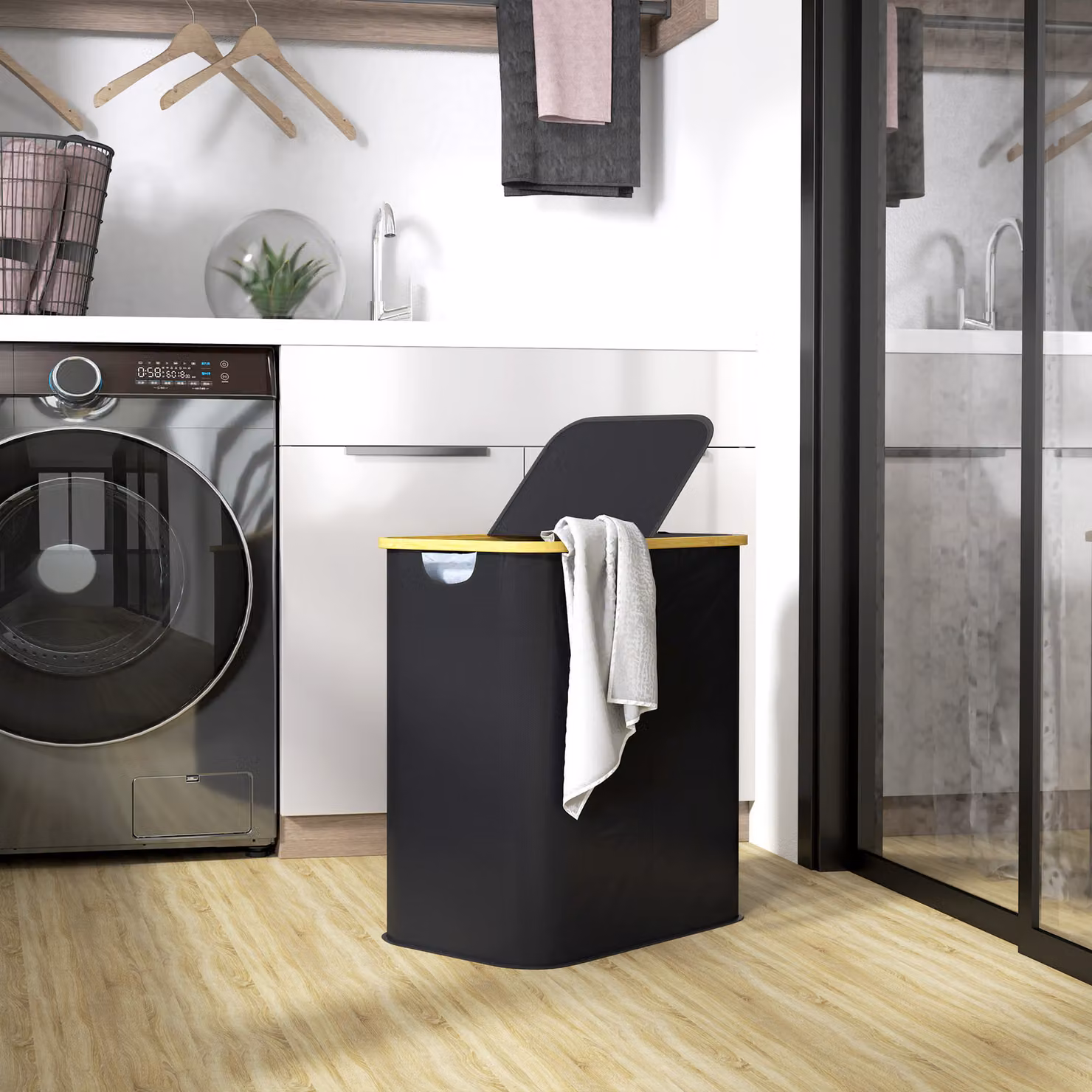 Cesto portabiancheria HOMCOM a 2 sezioni da 80L con coperchio in tessuto non tessuto e bambù, Nero, L 54 cm x P 34 cm x H 58.5 cm – 2