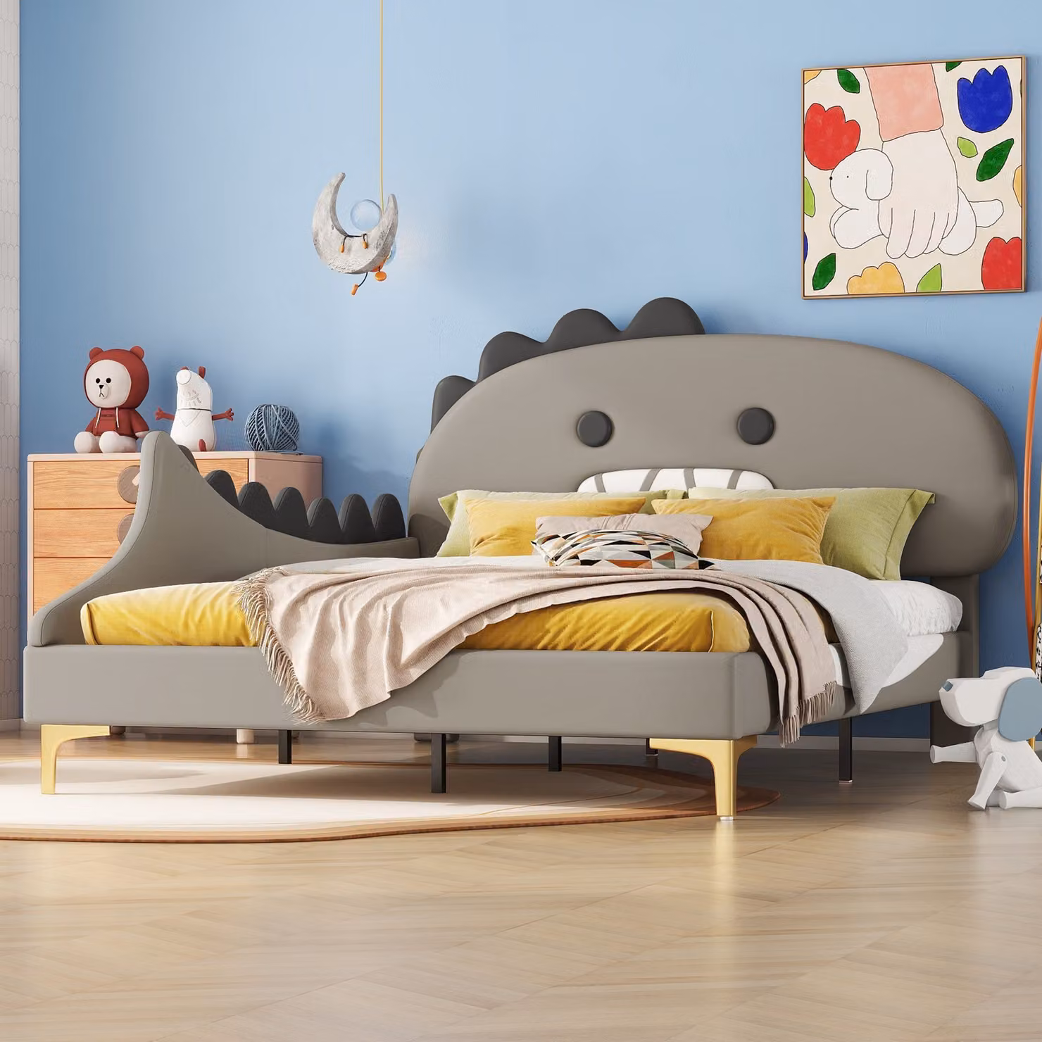 Letto imbottito Fortuna Lai, letto per bambini 140x200cm con testata a forma di dinosauro cartoon in Pelle finta, grigio
