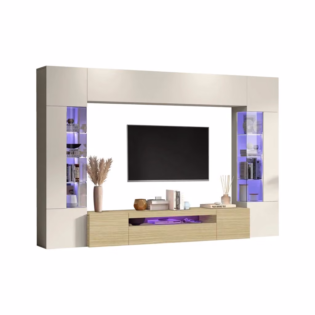 Parete Attrezzata DMORA Moderna in Rovere Marrone con Ante a Vetro e Illuminazione Integrata L: 290 cm, P: 40 cm, H: 190 cm – 2