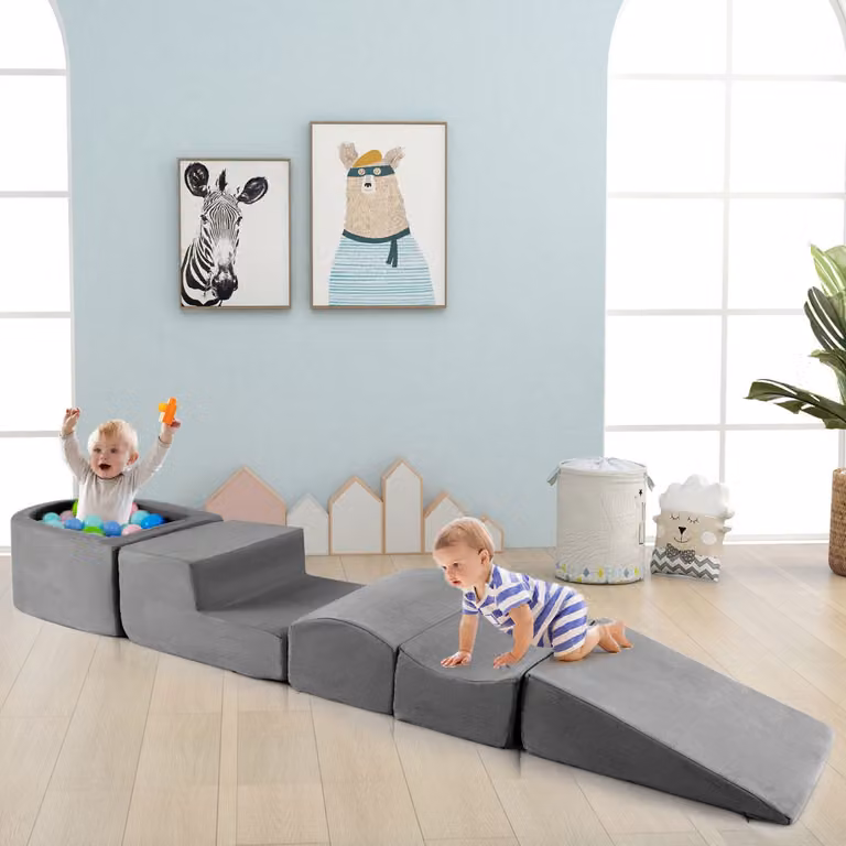 Costway Set di gioco creativo in schiuma per bambini con piscina di palline e coperture lavabili, 5 pezzi, Grigio