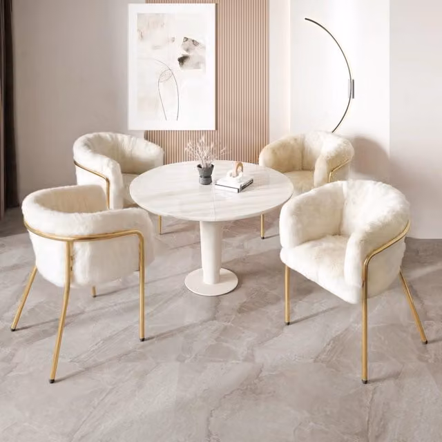 Sedie da pranzo set da 4 con seduta confortevole e gambe in metallo per soggiorno e camera in finta pelliccia bianco