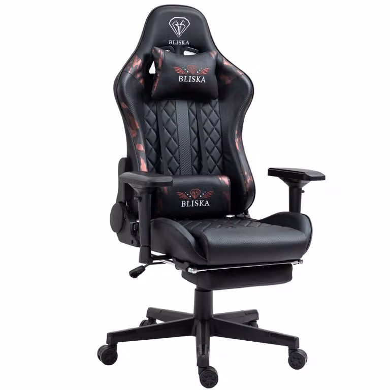 Poltrona da ufficio Chair Racing con poggiapiedi e braccioli ergonomici 4D, design sportivo ed ergonomico, colore: nero/rosa militare