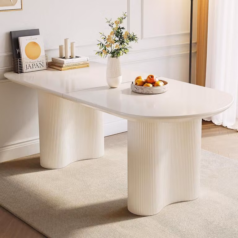 Tavolo da pranzo rettangolare, bianco, con angoli arrotondati, 160 cm di lunghezza, adatto per 4-8 persone, design minimalista