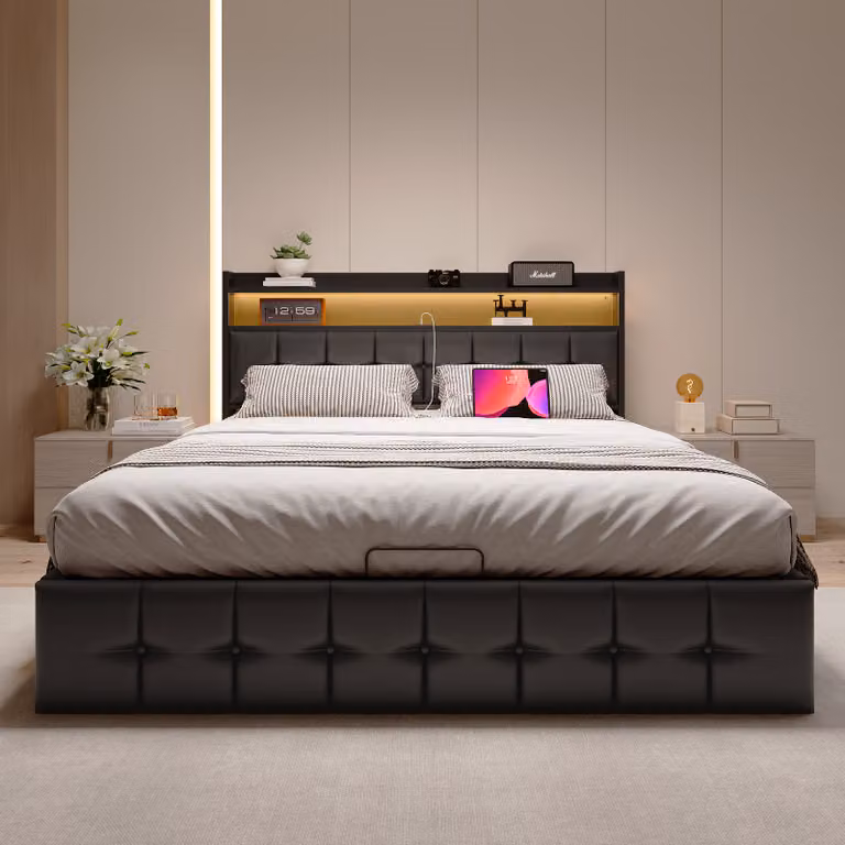 CDGlobal letto imbottito 140x200cm con LED, letto a molle con rete a doghe, letto contenitore letto matrimoniale letto in legno massiccio, PU, nero
