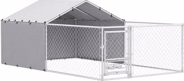 Recinto per cani in acciaio e tessuto Oxford con coperture e ciotole girevoli, Argento, L: 4 m, P: 2.3 m, H: 1.5 m