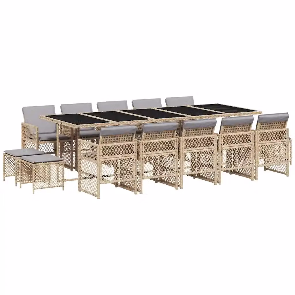 vidaXL Set da Pranzo da Giardino 15 pz in Polyrattan con Cuscini Beige e Grigio e Tavolo in Vetro – 2