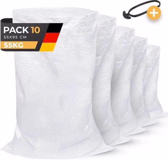 Sacchi per sabbia in tessuto di polipropilene (10 pezzi) | 55 x 95 cm - Extra resistenti (55 kg) e riciclabili | Ideali per sabbia, terra, giardinaggio, edilizia e foglie