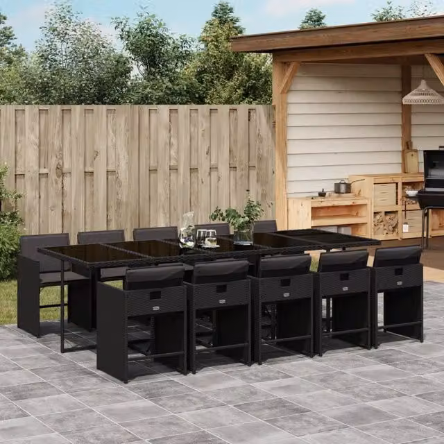 Set da Pranzo da Giardino 11 pz con Cuscini in Polyrattan Nero 3277878