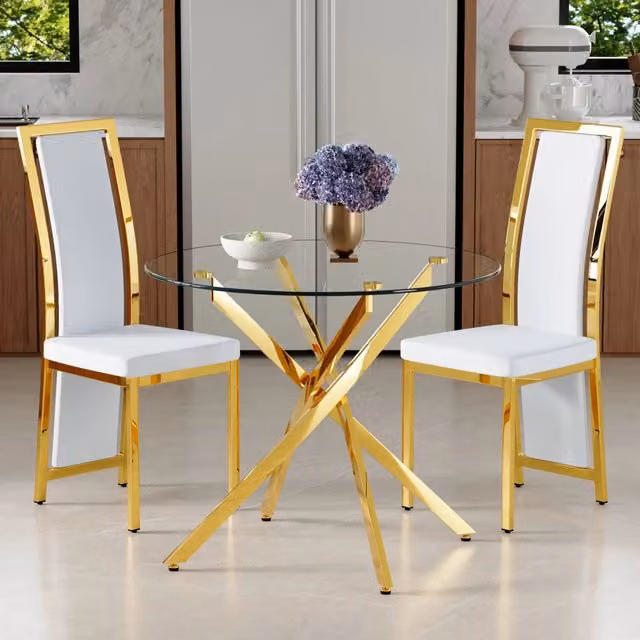 Tavolo da pranzo per 2 persone in vetro temperato con 2 sedie in pelle poliuretanica e base metallica bianco oro