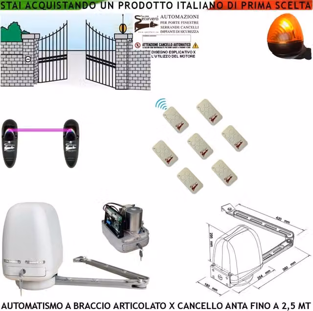 AUTOMATISMO CANCELLO KIT MOTORE A BRACCIO ARTICOLATO 230/24 V ANTA BATTENTE DA 0,5 A 2,5 MT CENTRALE 7 RADIOCOMANDI FARO FOTOCELLULE
