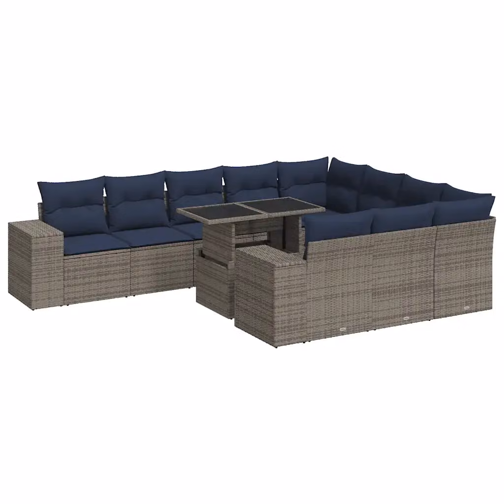 Set di Divani da Giardino vidaXL in Polyrattan e Acacia con 11 Pezzi, Colore Grigio e Blu con Cuscini e Tavolino da Esterno – 2