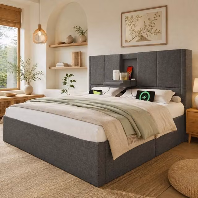 Letto contenitore REDOM in lino grigio con porta USB e mensola integrata L/P/H: 143 x 200 x 115 cm – 1