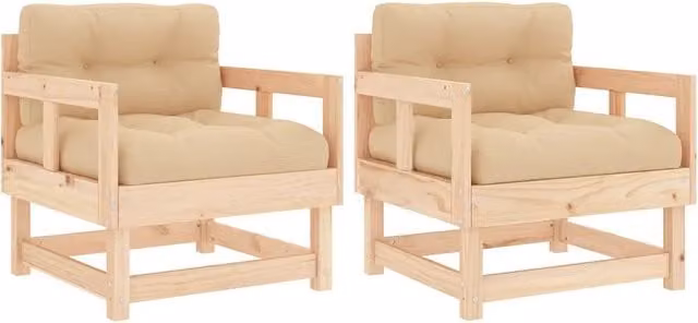 Set di 2 sedie da giardino in legno di pino con cuscini beige e braccioli per esterno