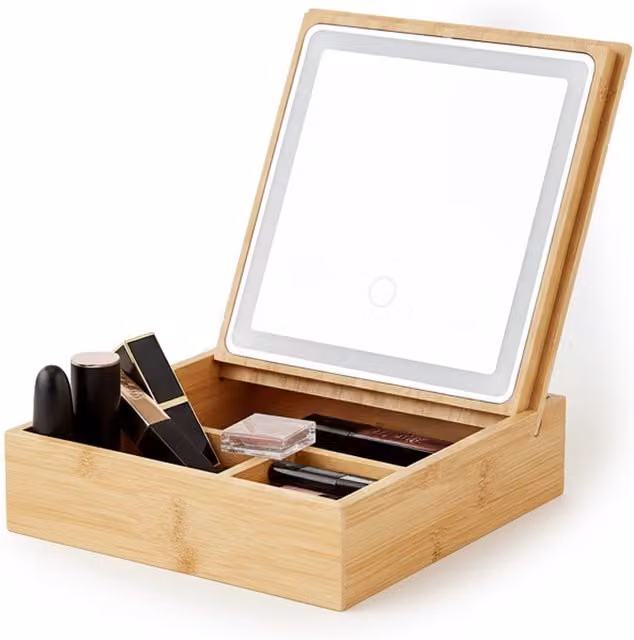 Organizer in bambù Avilia Home con specchio a LED e 3 scomparti, marrone, L/P/H: 19,7 x 19,7 x 22 cm