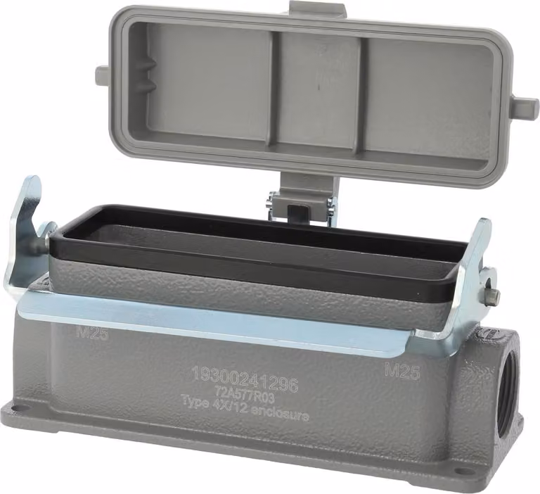 HARTING Han 24B Base bassa, 2xM25 uscita cavo laterale, con 1 staffa longitudinale con cappuccio protettivo in plastica - 1