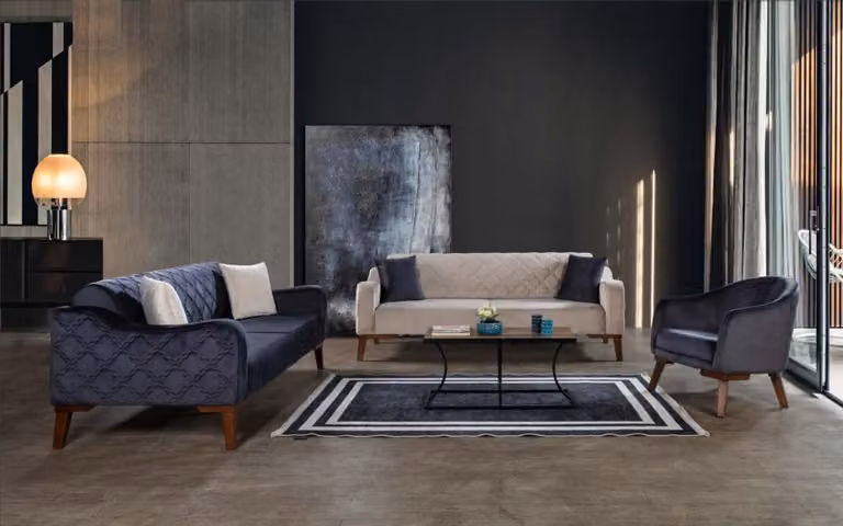 Wohnzimmer Sofagarnitur Sofa 3+3+1 Blaue Polster Garnituren Set Sessel Textil