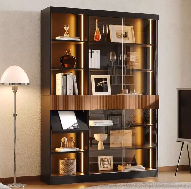 Vetrina moderna MODFU in MDF e vetro con illuminazione integrata e cassetti, colori nero, marrone e grigio, L 120 cm x P 28,5 cm x H 180 cm