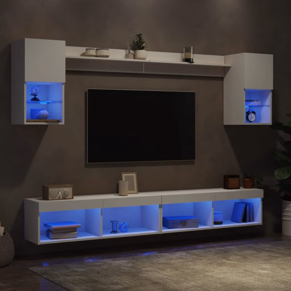 Mobile TV da parete vidaXL moderno in legno multistrato bianco con illuminazione LED integrata, set da 6 pezzi – 1
