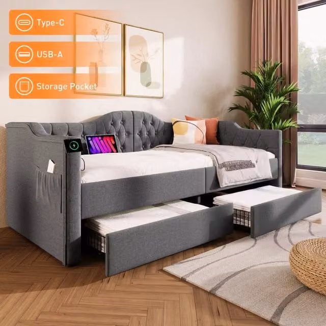 Letto giorno funzione ricarica usb tipo c in lino grigio 90x190 cm