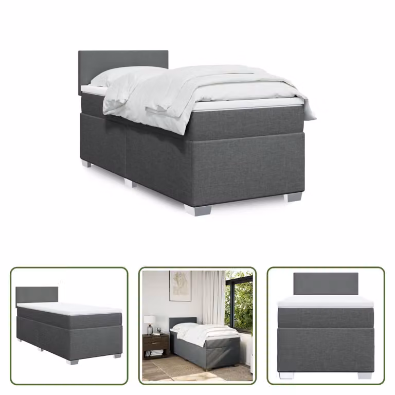 The Living Store Letto a molle con materasso grigio scuro 100x200 cm in tessuto